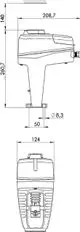 Technisches Diagramm eines Stellantriebs von IMI Hydronic Engineering mit Maße und Anschlussdetails. Sichtbare Struktur und Komponenten mit präziser Darstellung der Abmessungen.